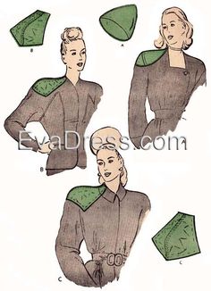 four different styles of women's clothing with green collars and sleeves, one in the