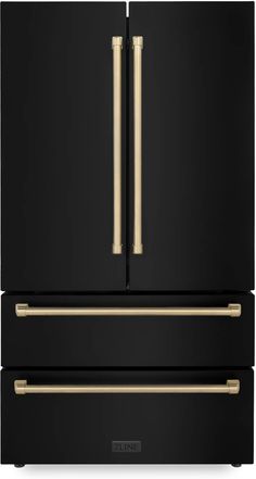 a black and gold refrigerator with two brass handles