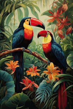 two colorful birds sitting on top of a tree branch next to flowers and plants in the jungle