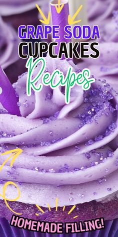 purple cupcakes with white frosting on top and the words grape soda cupcakes recipes