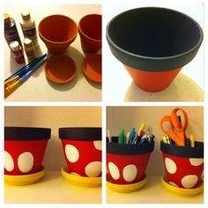 four different pictures of mickey mouse cups with markers and pencils in them, along with pens