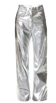 Pantalones metálicos tiene un poco de spandex y corren al size Shiny Silver Disco Bottoms, Silver Shiny Disco Bottoms, Metallic Shiny Stretch Bottoms, Disco Silver Shiny Bottoms, Party Pants In Metallic Color With Sheen, Metallic Sheen Pants For Party, Metallic Party Pants With Sheen, Metallic Shiny Bottoms For Fall, Chic Metallic Shine Bottoms