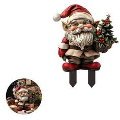 a christmas decoration with santa claus holding a tree and potted plant on it's back