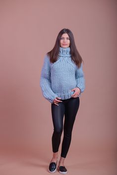 "Blue Sweater, Merino Wool Jumper, Turtleneck Pullover DETAILS -Handmade and homemade - Made from 100% high quality merino wool - The model is 170 cm tall (regular S) - The sweater on picture is size S-M - As mostly all models in our shop the sweater is loose fit - Colour on photo - blue Details Sweater in the pictures : 1-Sweater Length55cm,21,7inch 2-Sweater Chest44cm,17,3inch 3-Sweater Sleeves52cm,20,5inch 4- Turtleneck Length30cm,11,8inch FIT - The sweater is of loose fit designed to have co Fitted Chunky Knit Turtleneck Top, Stretch Knitted Long Sleeve Tops, Stretch Knit Long Sleeve Tops, Cozy Long Sleeve Knitted Tops, Cozy Chunky Knit High Neck Top, Cozy High Neck Chunky Knit Top, Winter Knitted Long Sleeve Tops, Blue Fall Knitting Pattern, Fall Blue Knitting Pattern