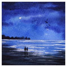 Watercolor Nightscape Tutorial Watercolor Art Night, Watercolour Night Scene, Beach At Night Drawing, Watercolor Night Scene, Beach At Night Painting, Night Beach Painting, Night Sea Painting, Water At Night, Night Watercolor Paintings