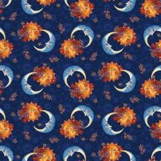 the sun and moon are depicted in this blue background with oranges, yellows and browns