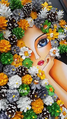 a painting of a woman surrounded by pine cones and flowers