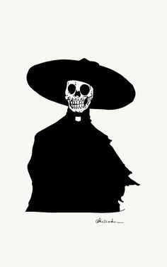 a black and white drawing of a skeleton wearing a sombrero on his head