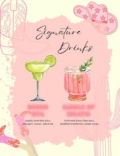 the ingredients for signature drinks are shown in this graphic style, including margaritas and limeade