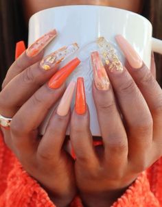 Orange Acrylic Nails, Nails Orange, Unique Acrylic Nails, Acrylic Nails Coffin, Orange Nails