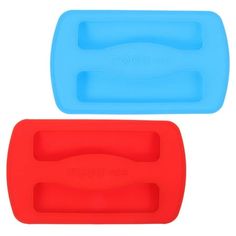 two blue and red plastic trays with handles