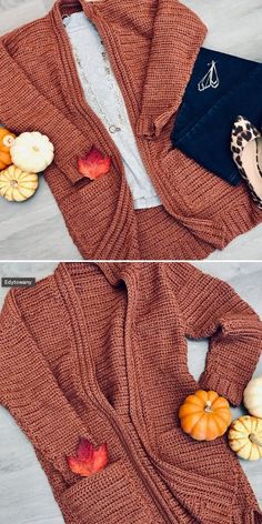 two pictures of an open cardigan sweater with pumpkins and leaves on the side