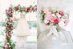 a wedding dress hanging on the back of a chair next to a bouquet of flowers