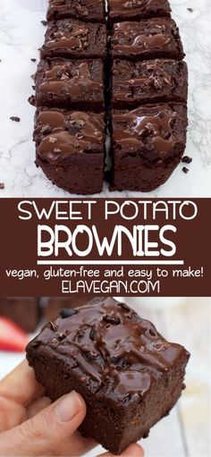 chocolate brownies cut in half and stacked on top of each other with the words, sweet potato brownies vegan gluten free and easy to make