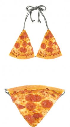 two pieces of pizza hanging from strings on a white background, one slice has pepperoni and the other is cheese