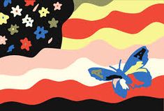 a blue butterfly flying in front of an american flag with stars and stripes on it