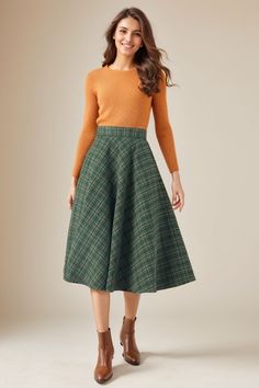 Plaid Wool Skirt, Midi Wool Skirt, A Line Skirt, Winter Skirt Women, Swing Skirt, Skirt With Pockets, Handmade Skirt, Ylistyle C3686 - Etsy Retro A-line Winter Skirt, Green Midi Skirt Bottoms For Winter, Retro Green A-line Skirt, Green Lined Skirt For Fall, Long Green Skirt For Fall, Green Skirted Skirt For Fall, Winter Flared Green Skirt, Winter Green Flared Skirt, Green Flared Skirt For Winter