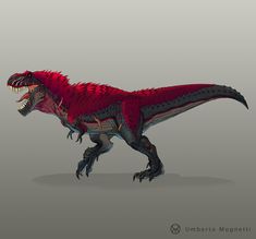 a red and black dinosaur standing on top of a gray ground with its mouth open