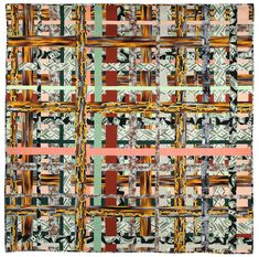 an abstract painting with orange, green and red squares on it's edges is featured in this image