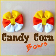 two orange and white bows with the words candy corn bow's written below them