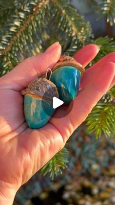 a person holding two green stone earrings in their hand with pine needles behind them and the video below it