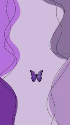 a purple butterfly flying in the air above some wavy lines on a white and purple background