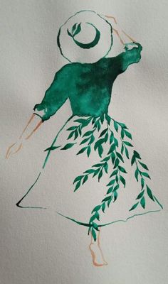 a drawing of a woman in a green dress with leaves on her skirt and hat