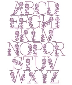 the alphabet is made up of flowers and leaves, with letters that are outlined in purple