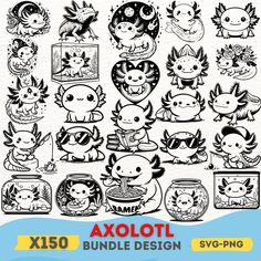 a large collection of cartoon animals with different expressions and sizes, all in black and white