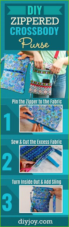 the instructions for how to make a zippered cross body purse