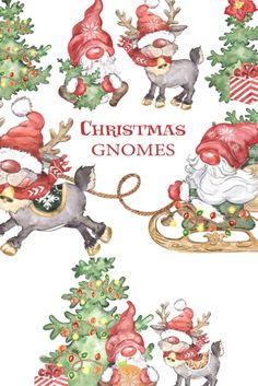 the christmas gnomes are riding on sleighs with santa claus and reindeer