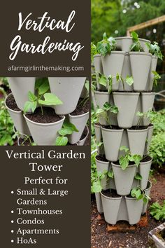 vertical garden tower with plants growing in it and the words vertical gardening written above it