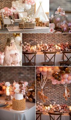 a collage of photos with balloons, cake and other items in the foreground