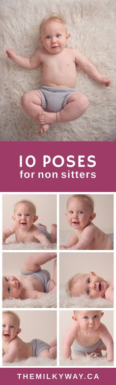 a baby is sitting on the floor in his diaper and has four different poses