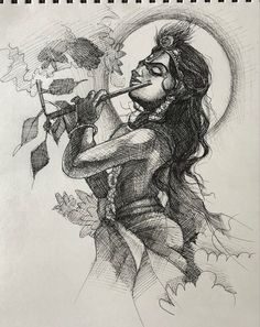 a pencil drawing of a woman playing the flute