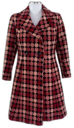 Polka Dot Long Sleeve Winter Outerwear, Retro Outerwear With Covered Buttons For Fall, Retro Fall Outerwear With Covered Buttons, Retro Pink Outerwear For Fall, Retro Pink Winter Outerwear, Womens Winter Coat, 1970s Coat, 1960s Coat, 70s Plaid