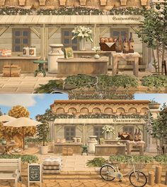 three different views of a house with plants and flowers on the outside, inside and out