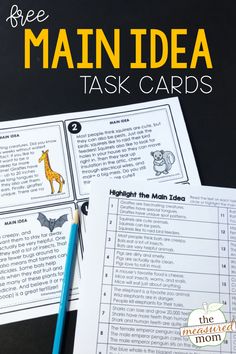 two printable worksheets with the words free main idea task cards on them