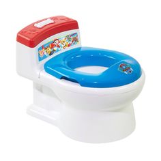 a toy toilet with the lid up and its seat down, on a white background