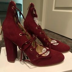 Brand New Lace Up Maroon Justfab Heels In Size 7.5! Chic Block Heels For Fall Party, Chic Fall Party Block Heels, Block Heels With Stacked Heel For Party In Fall, Stacked Heel Block Heels For Party In Fall, Block Heels With Stacked Heel For Fall Party, Fall High Heels With Wrapped Heel, Party Suede Block Heels With Wrapped Heel, Suede Wrapped Heel Block Heels For Party, Suede Block Heels With Wrapped Heel For Party