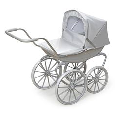 a baby carriage with a white cover on it