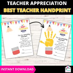 two teacher appreciation cards with the words best teacher handprint and an image of a hand print