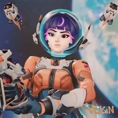 an animated image of a woman in space suit holding a sci - fi type device