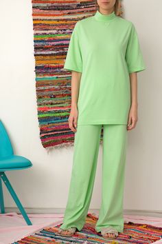 "Mint Suit, Comfy Set, Women Loungewear Set, Mint Loungewear Set, Cotton Lounge Set, Comfortable Everyday Set of Tunic and Wide Leg Pants. The super comfy set of maxi pants and maxi tunic top is the latest design for the Loungewear Collection for Spring Summer ! Super chic, super comfy this loungewear set will be your new Love for lounging at home. Made from an elastic cotton, this fabric gives you the so called \" Second Skin \" feeling ! Easy to wear , easy to care , this set is one of the \" Pink Loungewear, Women Loungewear, Maxi Pants, Comfy Sets, Womens Suits, Pink Suit, Comfy Dresses, Caftan Dress, Vintage Style Dresses