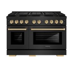 a black oven with gold knobs and two burners on the front, and an oven