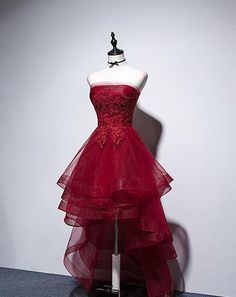 High Quality Wine Red High Low Lace Women Homecoming Dresses Short Quince Dresses Red, Deep Red Tulle Dress, Red Dresses For Damas, Red Masquerade Dress Short, Red Wine Dress Short, Red Dresses Sweet 16, Red Confirmation Dresses, Wine Red Short Dress, Dark Red Masquerade Dress