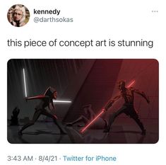 two people with lightsabes are dancing in front of each other and the caption reads, this piece of concept art is stunning