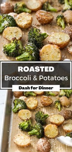 roasted broccoli and potatoes on a baking sheet