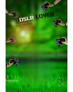 two hands are holding small cameras in front of a green background with the words dslr lover