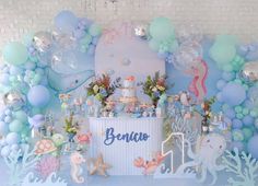 an under the sea themed birthday party with balloons and decorations